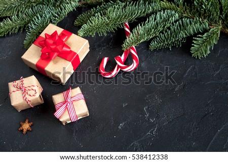 Dark christmas background with christmas gifts, mock-up
