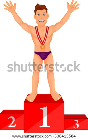 boy swimmer celebrates his golden medal on podium