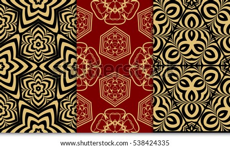 set of luxury gold color seamless floral decorative pattern. Vector illustration. For invitation, template, wallpaper