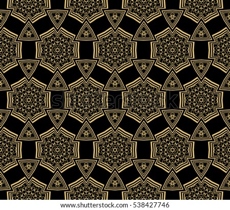 Golden floral geometric ornament on black background. Seamless vector illustration. For interior design, wallpaper