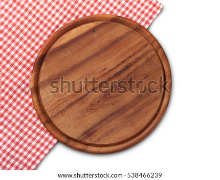 Pizza board with a napkin with shadow isolated on white. Top view mock up