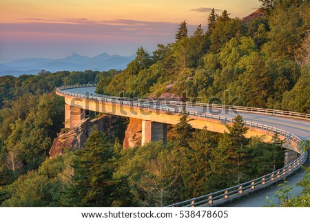 Morning light on the Lynn Cove Viaduct along the Blue Ridge Parkway in North Carolina Royalty-Free Stock Photo #538478605