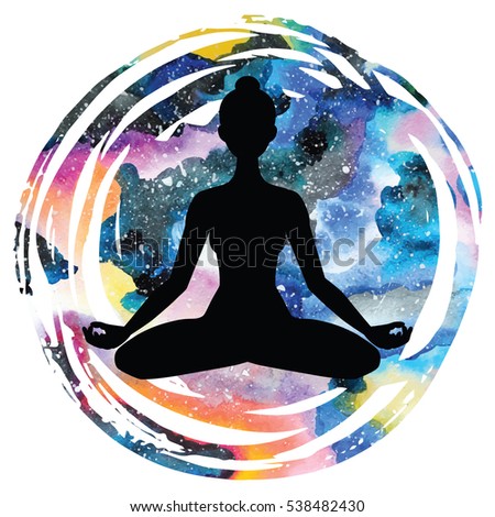 Women silhouette on galaxy astral watercolor rextured background. Yoga lotus pose. Padmasana. Vector illustration.