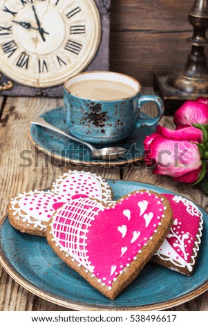 Gingerbread Heart with icing. Happy Valentine`s day. Studio photo