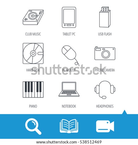 Tablet PC, USB flash and notebook laptop icons. Club music, hard disk and photo camera linear signs. Piano, headphones icons. Video cam, book and magnifier search icons. Vector