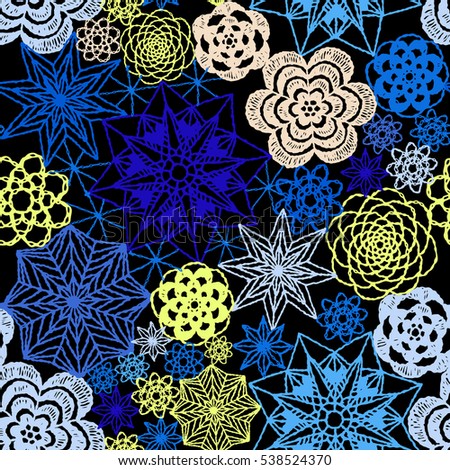 Seamless crochet flowers pattern. Crochet blanket of floral elements, handmade, multicolored knitted snowflakes, cozy blanket.