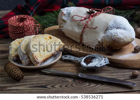 Christmas stollen. Traditional German festive baking.Selective focus