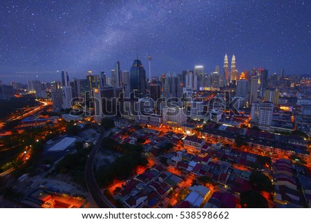 Kuala lumpur nightscape with milky way, Malaysia. Noise slightly appear due to high ISO