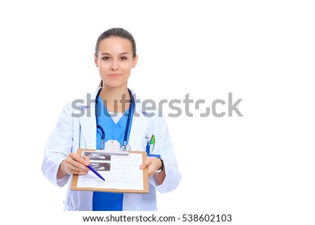 Female doctor with clipboard, isolated on white background