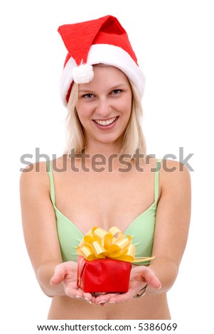 smiling blonde women in bikini and holding a  gift box