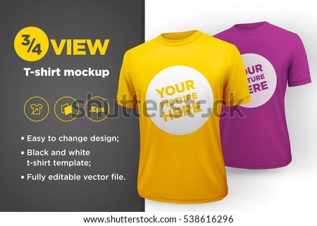 Yellow and purple men's t-shirt realistic mockup. Vector illustration