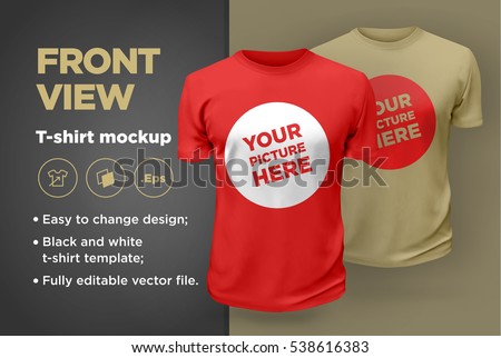 Red and beige men's t-shirt realistic mockup. Vector illustration