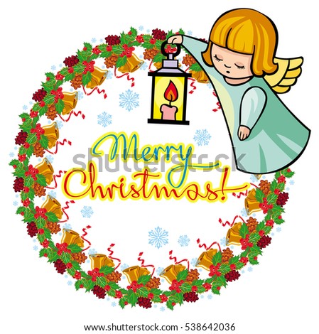 Holiday label with angels and written text "Merry Christmas!". Design element for New Year decorations. Raster clip art.