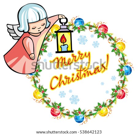Holiday label with angels and written text "Merry Christmas!". Design element for New Year decorations. Raster clip art.