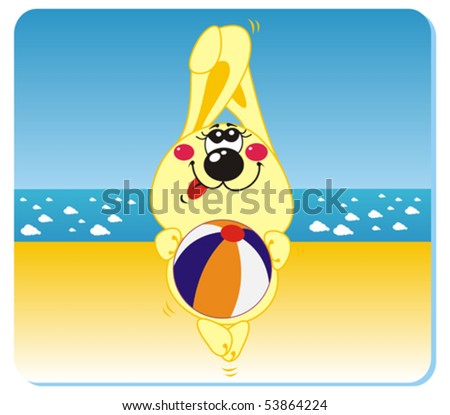 vector illustration of rabbit with the ball on the beach