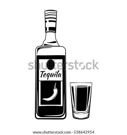 Tequila Shot Glass and Botlle. Alcohol Drink Vintage vector Elements. Isolated On White Background