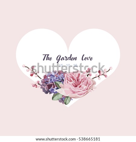 Purple and pink floral in garden invitation card, flower pattern and heart vector illustration