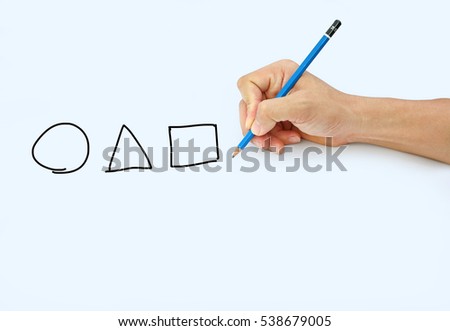 Hand holding a pencil on a white paper background, Drawing with pencil for image shape of Circle Triangle and Square