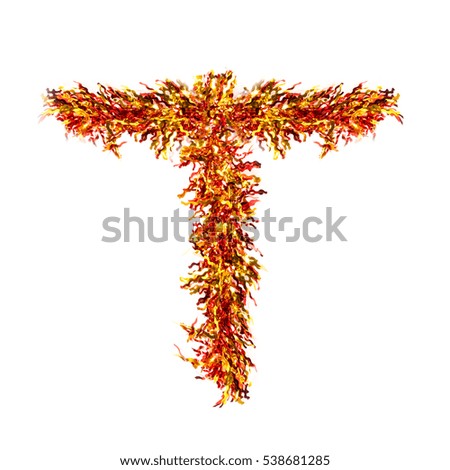 Festive alphabet made of red and yellow tinsel. Letter T on white background. Isolated