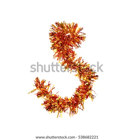 Festive alphabet made of red and yellow tinsel. Letter S on white background. Isolated