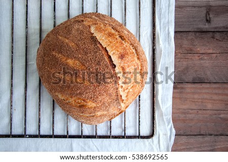 Freshly baked organic bread loaf over a wire rack on wooden background