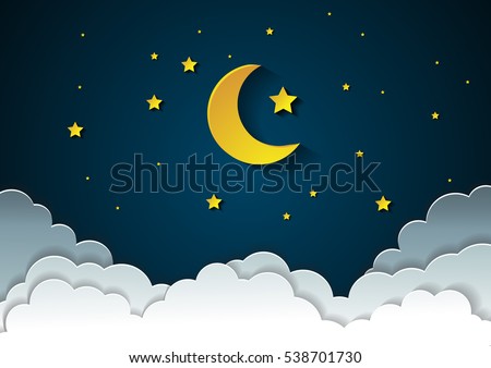 moon and stars in midnight .paper art style Royalty-Free Stock Photo #538701730
