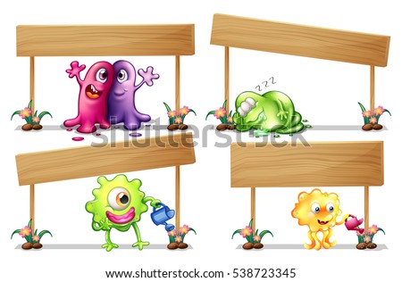 Wooden signs with many monsters illustration