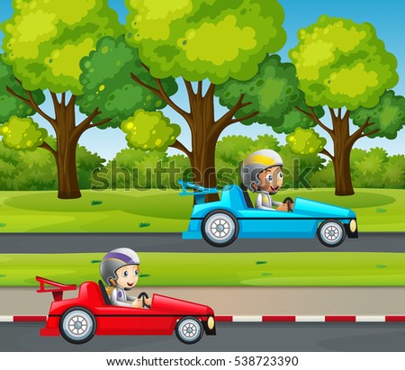 Two kids racing car in the park illustration