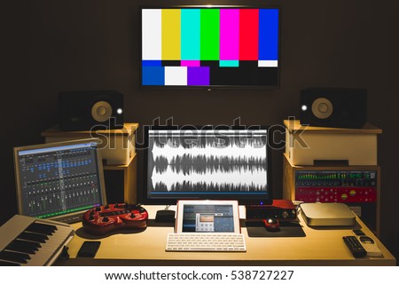 digital audio editing studio for TV broadcasting, spot ads, music recording, post production, film score composer
