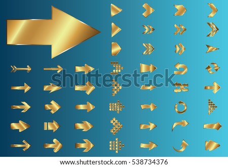 Arrow vector gold curve line up 3d button icon set interface symbol for app, web and music digital illustration design. Application isolated flat sign collection on blue background