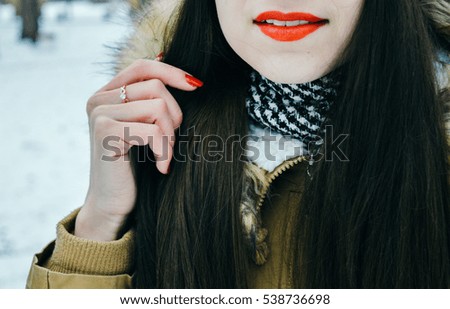 Red lipstick, lips, smile , young girl happily smiling