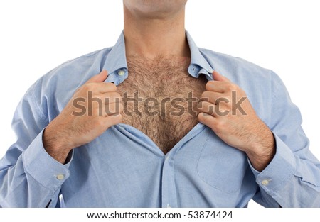 Torso of a man undoing the upper part of his shirt to show his hairy chest.
