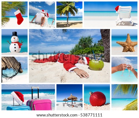 Collage with images of christmas and new year celebration on tropical beach  Royalty-Free Stock Photo #538771111