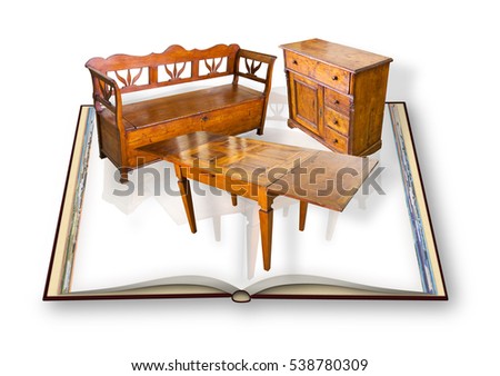 Ancient italian wooden furniture just restored - Concept with 3D render of an opened photo book isolated on white background