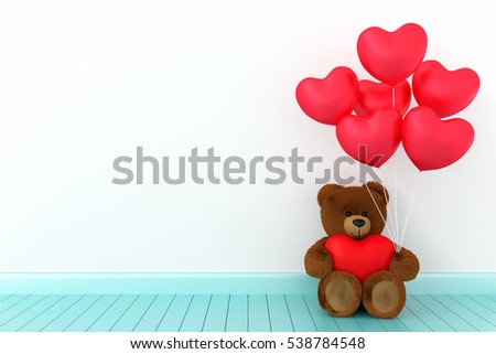 A photo of Teddy bear holding balloon heart sharp with white background, 3D Rendering with blender freeware