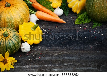 Fresh organic seasonal vegetables - pumpkin, squash, carrots on wooden background, toned image, selective focus and top view