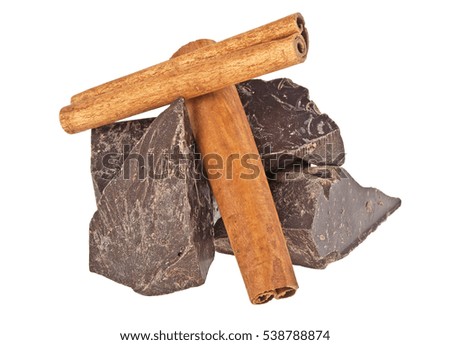 Chocolate bars and cinnamon sticks isolated on white background