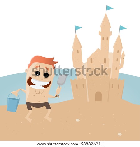 funny man building a sandcastle