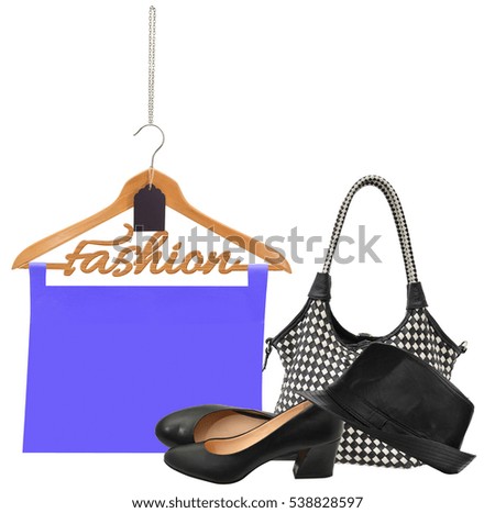 Fashion Sale Tag Blank Purple Sign wood hanger ladies shoes hat handbag isolated on white background