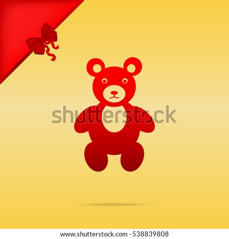 Teddy bear sign illustration. Cristmas design red icon on gold background.
