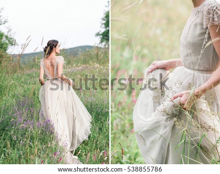 Bride in a beautiful dress with a bouquet of flowers and greener