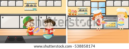 Kitchen scenes with kids cooking and baking illustration