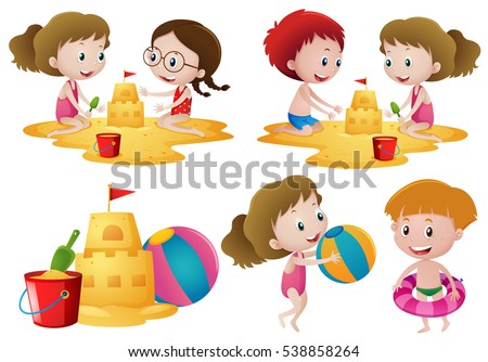Children playing sand on the beach illustration