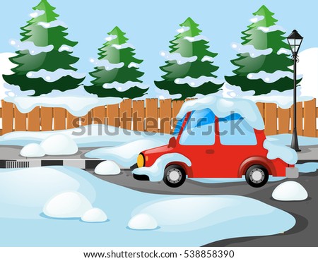 Neighborhood scene with red car covered with snow illustration
