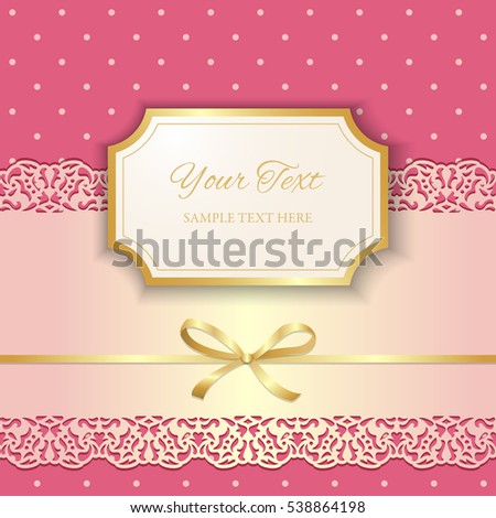 Cutout 3D figure frame with lacy ribbon on pink dotted background. Invitation or greeting card design template. Vector illustration.