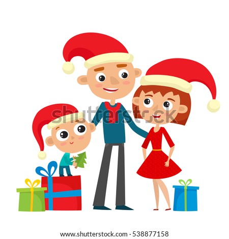 Happy family in red hat with gifts. Merry Christmas and New Year. Vector illustration of husband, wife and son in cartoon style.