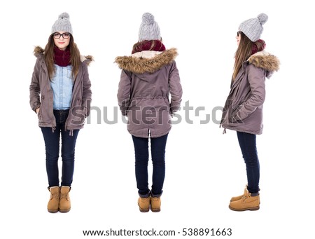 front, back and side view of young woman in winter clothes isolated on white background