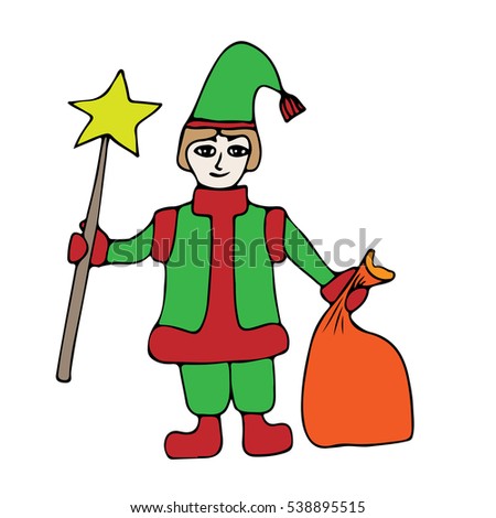 Colorful little Santa helper with star and sack with gifts. Art element for adult coloring book page design.