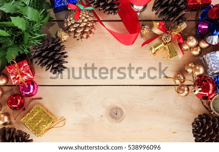 Christmas or new year festival decor on table with free text space. over light and soft-focus in the background