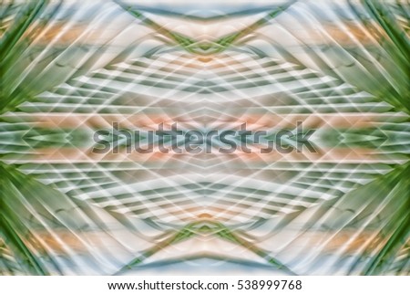 Abstract palm tree in motion against sunlight background. Dynamic pattern, blurred leaves moving in wind, for vintage concept business blog, design templates, social media. Image with filter effect